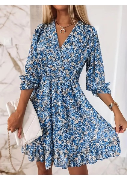 Kadın Fakir Kol Kruvaze Yakalı Beli Lastikli Çiçek Desenli Süprem Elbise modelleri