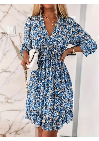 Kadın Fakir Kol Kruvaze Yakalı Beli Lastikli Çiçek Desenli Süprem Elbise fırsatları