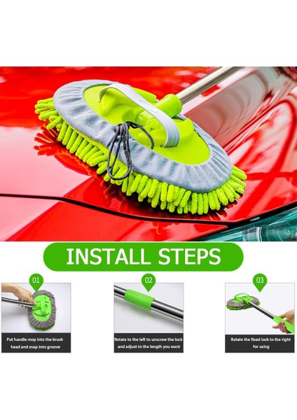 Uzun Saplı 2'si 1 Arada Mikrofiber Araba Yıkama Fırçası Mop Seti + 1 Yedek Başlık Hediye