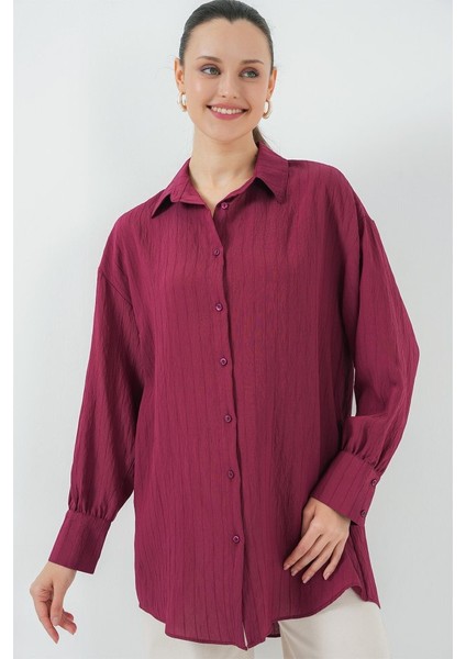 Çizgili Uzun Gömlek Tunik 5963 - Bordo
