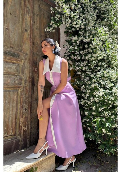 Pembe Geniş Yakalı Halter Kollu Elbise