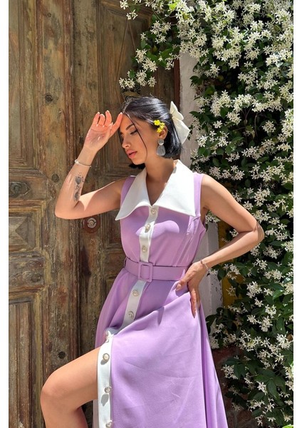 Pembe Geniş Yakalı Halter Kollu Elbise