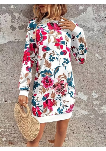Kadın Uzun Kollu Bisiklet Yaka Çiçek Baskılı Şardonlu Dalgıç Elbise modelleri