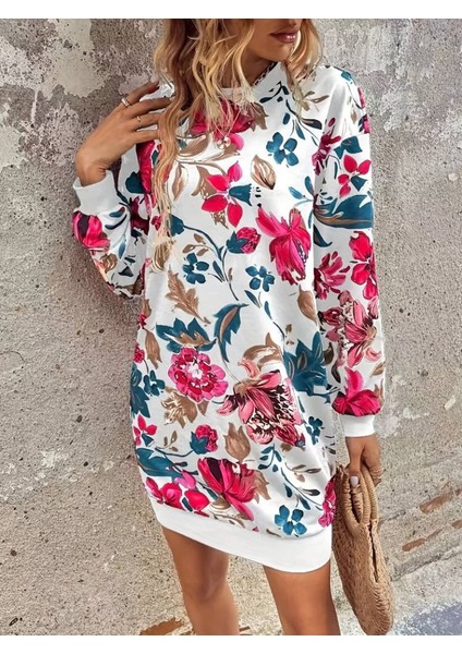 Kadın Uzun Kollu Bisiklet Yaka Çiçek Baskılı Şardonlu Dalgıç Elbise indirimleri