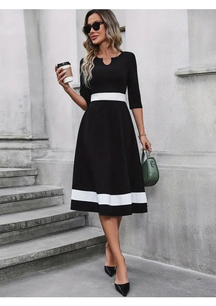 Kadın Fakir Kol Yakası Açık Blok Renkli Krep Midi Elbise fiyatları