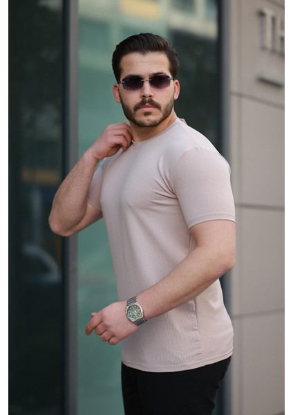 Erkek Kısa Kollu Çizgi Kabartma Detaylı T-Shirt