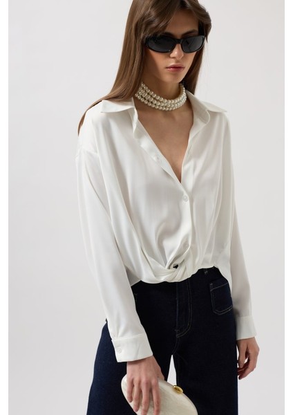 Bel Büzgülü Crop Saten Gömlek modelleri