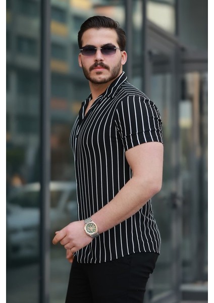 Erkek Kısa Kollu Beyaz Çizgi Desenli Örme Kumaş Pamuklu Gömlek
