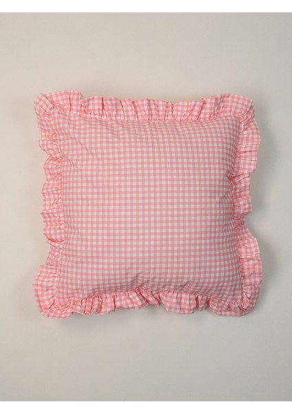 Organik Pamuk Poplin Pembe-Beyaz Pötikare Volanlı Fırfırlı Yastık Kılıfı