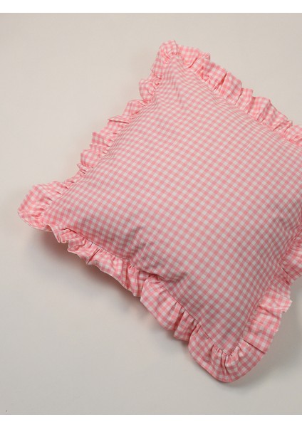 Organik Pamuk Poplin Pembe-Beyaz Pötikare Volanlı Fırfırlı Yastık Kılıfı fiyatları