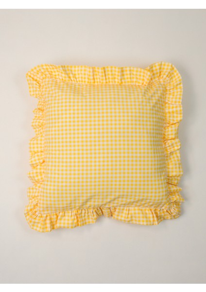 Organik Pamuk Poplin Sarı-Beyaz Pötikare Volanlı Fırfırlı Yastık Kılıfı