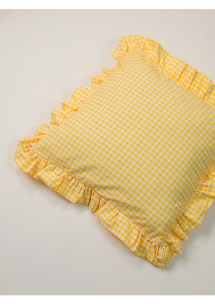 Organik Pamuk Poplin Sarı-Beyaz Pötikare Volanlı Fırfırlı Yastık Kılıfı fiyatları