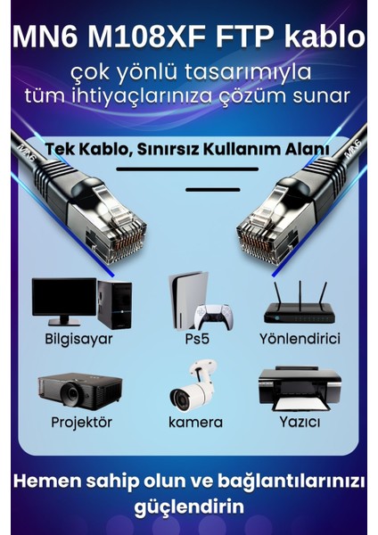 M108XF 10 Metre Internet Kablosu/ftp 0,60MM Cat6 23AWG/İKI Kat Korumalı/ethernet Kablosu 10 Metre/iç Dış Mekan Uyumlu/high Performance Cable