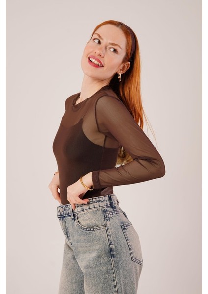 Transparan Kahverengi Tül Basic Bluz