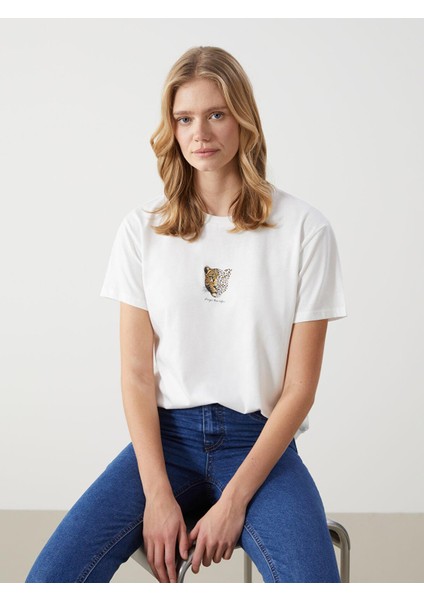 Lcw Vision Bisiklet Yaka Leopar Baskılı Kadın Tişört (S5)