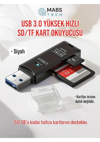 USB 3.0 Micro Sd/tf Çoklu Kart Okuyucu Adaptör - Siyah - Kamera Hafızasından Fotoğraf ve Veri Aktarma