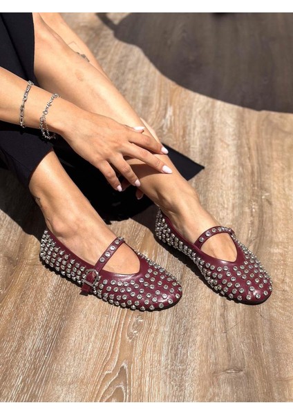 Bijou Taş Detaylı Ince Bantlı Bordo Babet