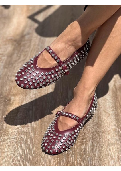 Bijou Taş Detaylı Ince Bantlı Bordo Babet