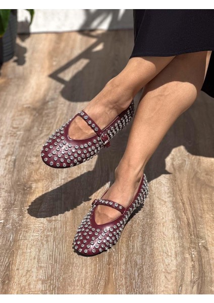 Bijou Taş Detaylı Ince Bantlı Bordo Babet