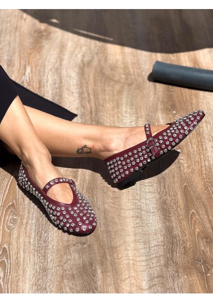 Bijou Taş Detaylı Ince Bantlı Bordo Babet