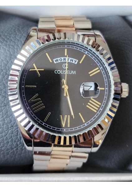 Rolex Görünümlü Çelik Kordon Siyah Kadran Gümüş-Rose Takvimli Erkek Kol Saati