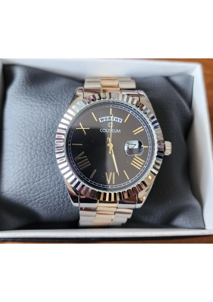 Rolex Görünümlü Çelik Kordon Siyah Kadran Gümüş-Rose Takvimli Erkek Kol Saati fiyatları