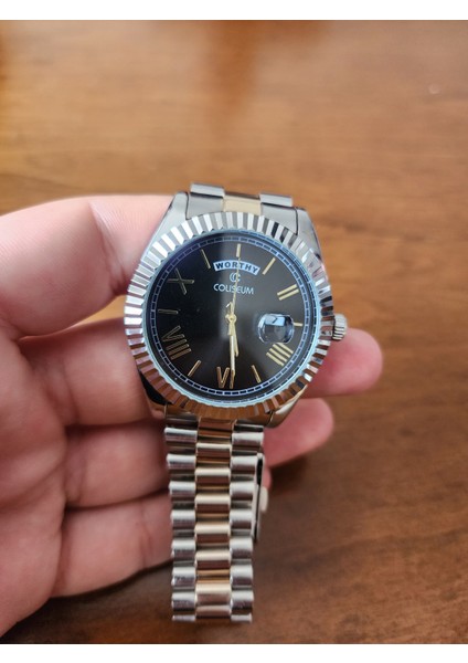 Rolex Görünümlü Çelik Kordon Siyah Kadran Gümüş-Rose Takvimli Erkek Kol Saati modelleri
