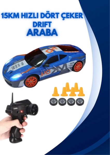 18 cm 2.4 Ghz Özel Uzaktan Kumandalı Dubalı Yedek Tekerlekli Drift Atan Şarjlı 15 Km Hızlı Araba