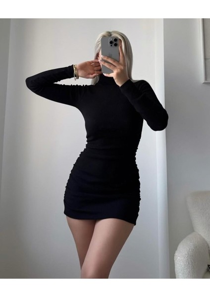 Kadın Uzun Kollu Balıkçı Yaka Büzgü Detay Kaşkorse Kumaş Mini Elbise