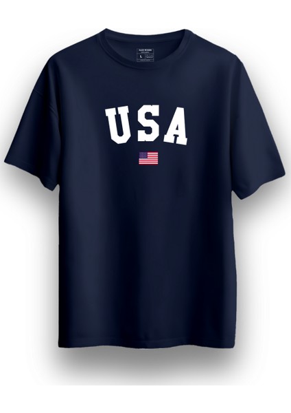 Unisex Oversize Bisiklet Yaka Usa Baskılı Kısa Kollu Lacivert Tişört