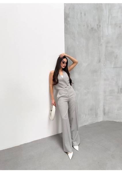 Toskana Çi̇zgi̇li̇ Kruvaze Yaka Tek Düğmeli̇ Yelek Pantolon Takim