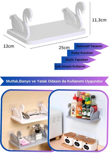 Kuğu Tasarımlı Raf Kendinden Yapışkanlı Dekoratif ve Portatif Raf