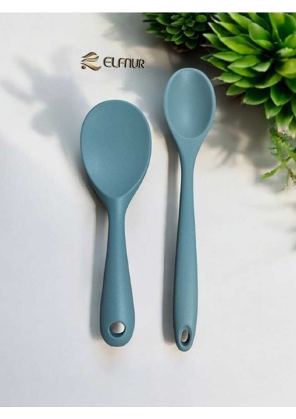 Sert Uçlu Isıya Dayanıklı Yanmaz Yapışmaz Silikon Uzun Kaşık 28 cm Kısa Kaşık 22 cm / 2 Adet