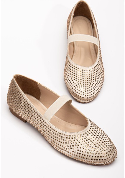 Kadın Babet Gold Saten Taşlı Elastik Bantlı Yuvarlak Burun