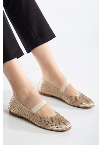 Kadın Babet Gold Saten Taşlı Elastik Bantlı Yuvarlak Burun fiyatları