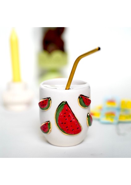 24K Altın Süslemeli Karpuz Desenli Termos Mug Seyahat Mug