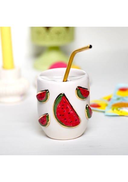 24K Altın Süslemeli Karpuz Desenli Termos Mug Seyahat Mug