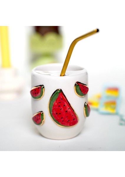 24K Altın Süslemeli Karpuz Desenli Termos Mug Seyahat Mug