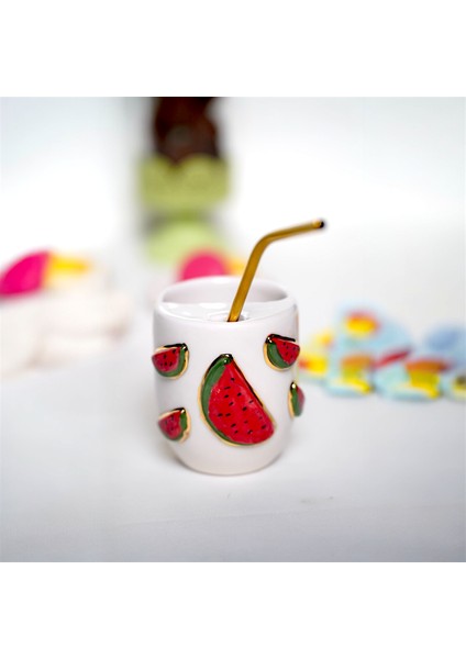 24K Altın Süslemeli Karpuz Desenli Termos Mug Seyahat Mug