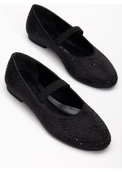 Kadın Babet Siyah Saten Taşlı Elastik Bantlı Yuvarlak Burun