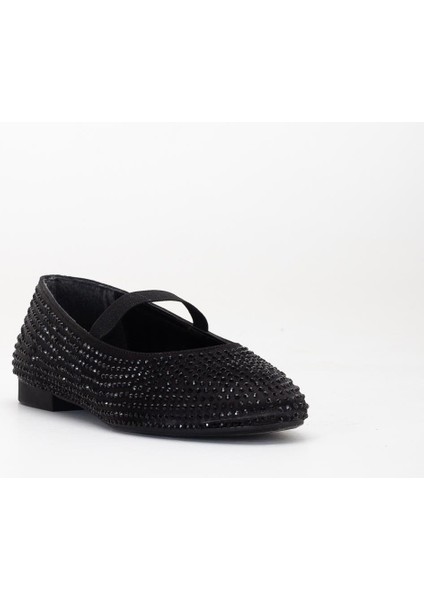 Kadın Babet Siyah Saten Taşlı Elastik Bantlı Yuvarlak Burun