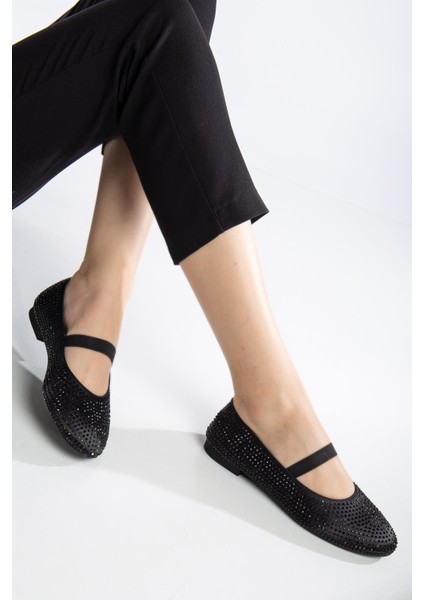 Kadın Babet Siyah Saten Taşlı Elastik Bantlı Yuvarlak Burun fiyatları