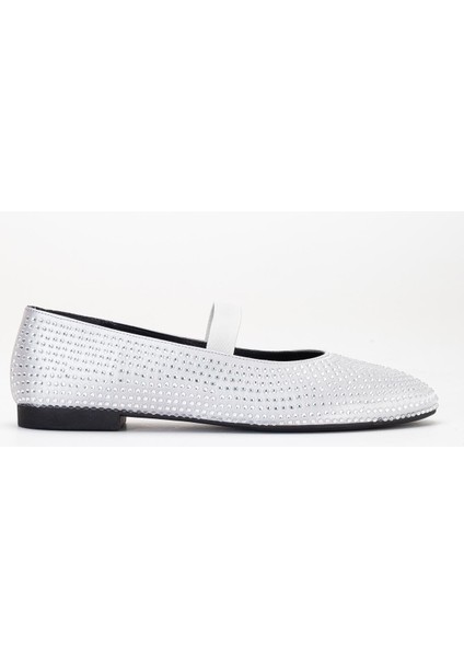 Kadın Babet Gümüş Saten Taşlı Elastik Bantlı Yuvarlak Burun modelleri