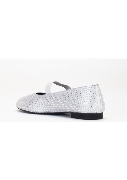 Kadın Babet Gümüş Saten Taşlı Elastik Bantlı Yuvarlak Burun indirimleri