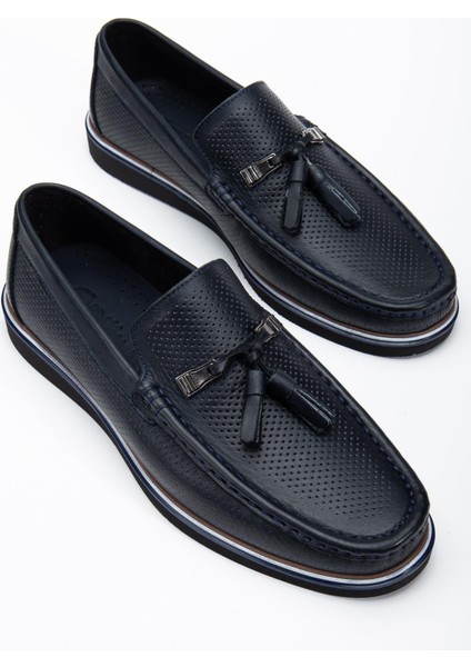 Hakiki Deri Erkek Günlük Loafer Ayakkabı Lacivert Püsküllü Eva Taban Baskılı