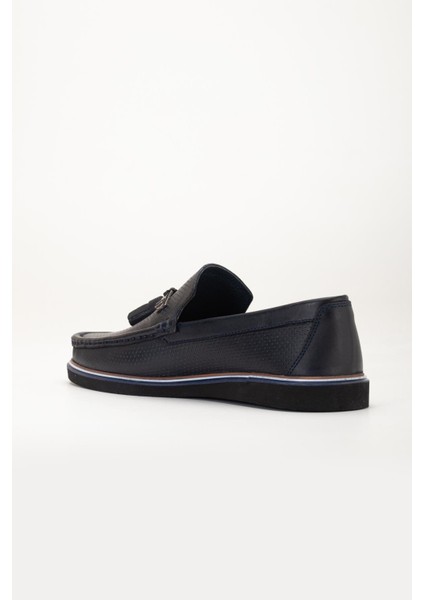 Hakiki Deri Erkek Günlük Loafer Ayakkabı Lacivert Püsküllü Eva Taban Baskılı fırsatları