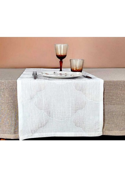 Kahverengi Ince Polyester Tül Masa ÖRTÜSÜ(140*225 Cm) ve Ince Ekru Jakarlı RUNNER(44*145 Cm)(Mset)
