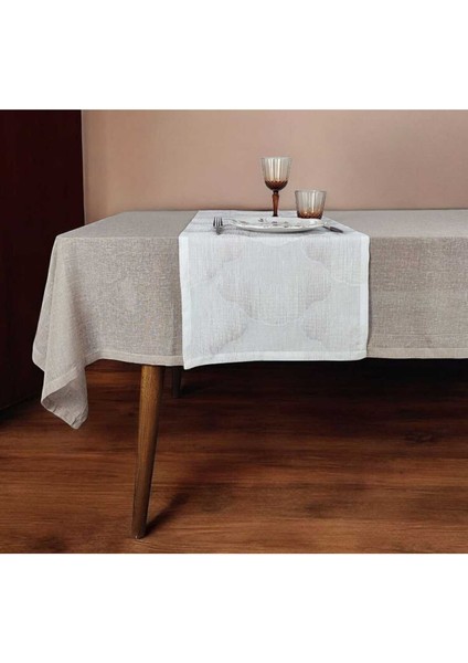 Kahverengi Ince Polyester Tül Masa ÖRTÜSÜ(140*225 Cm) ve Ince Ekru Jakarlı RUNNER(44*145 Cm)(Mset)