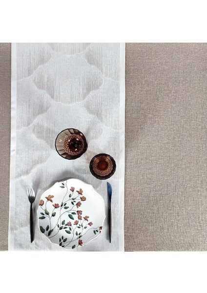 Kahverengi Ince Polyester Tül Masa ÖRTÜSÜ(140*225 Cm) ve Ince Ekru Jakarlı RUNNER(44*145 Cm)(Mset)