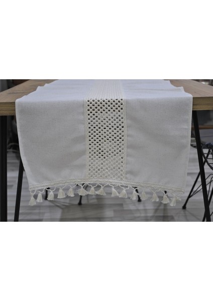 Özel Tasarım Ham Keten Krem Ara Dantelli ve Ponponlu Runner 45 x 150 modelleri